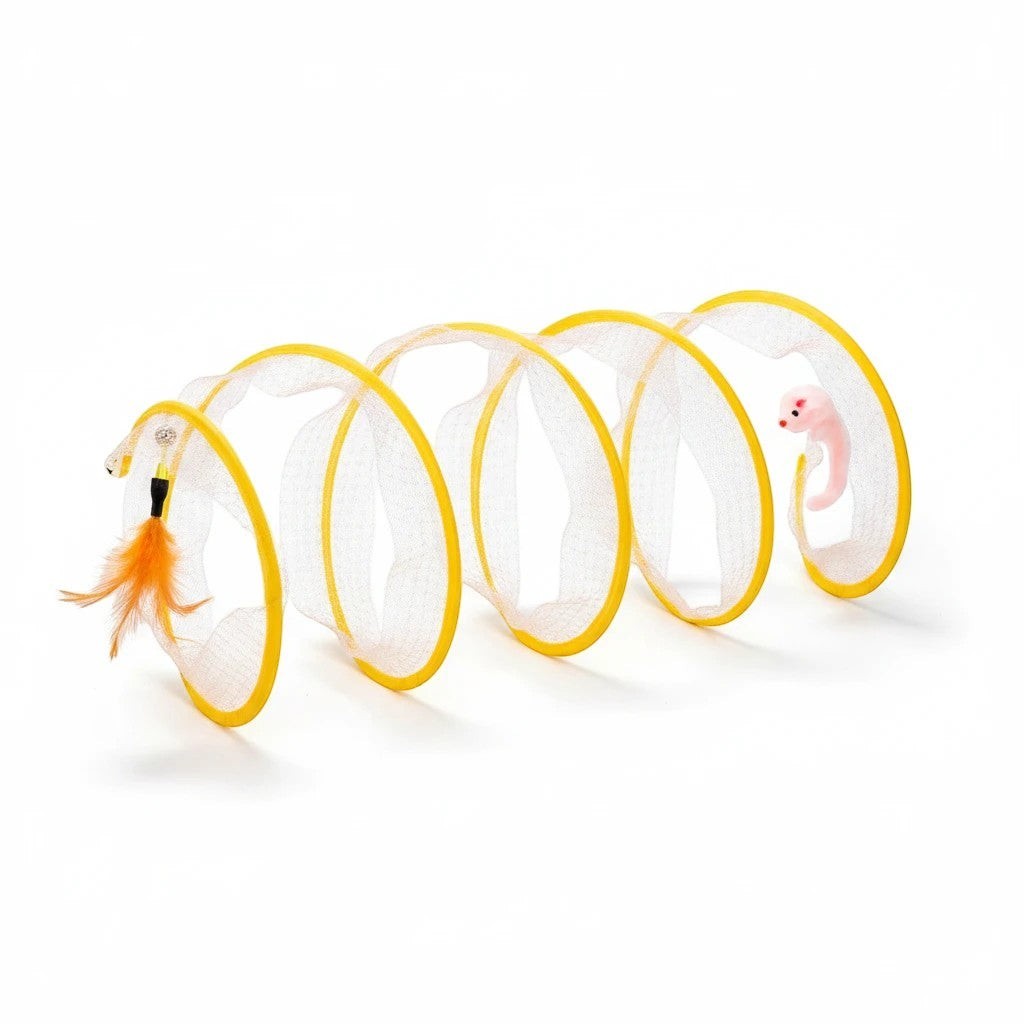 The Spoiled Pet Club yellow cat teaser tunnel with mesh fabric, feather toy, and hanging mouse for interactive play