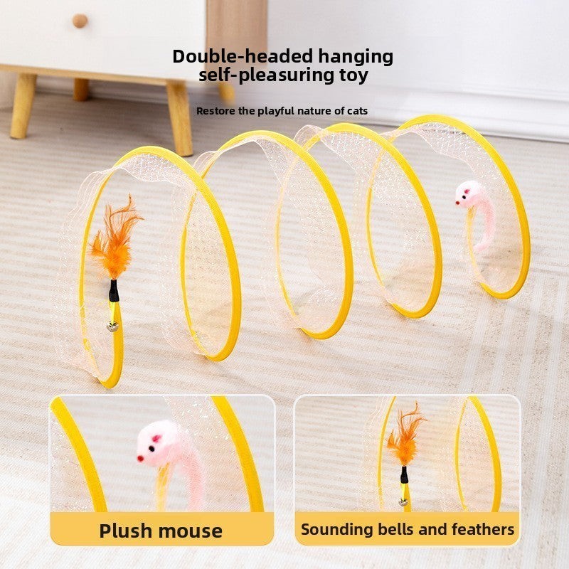 The Spoiled Pet Club yellow cat tunnel with hanging plush mouse, sounding bells, and feathers for interactive play