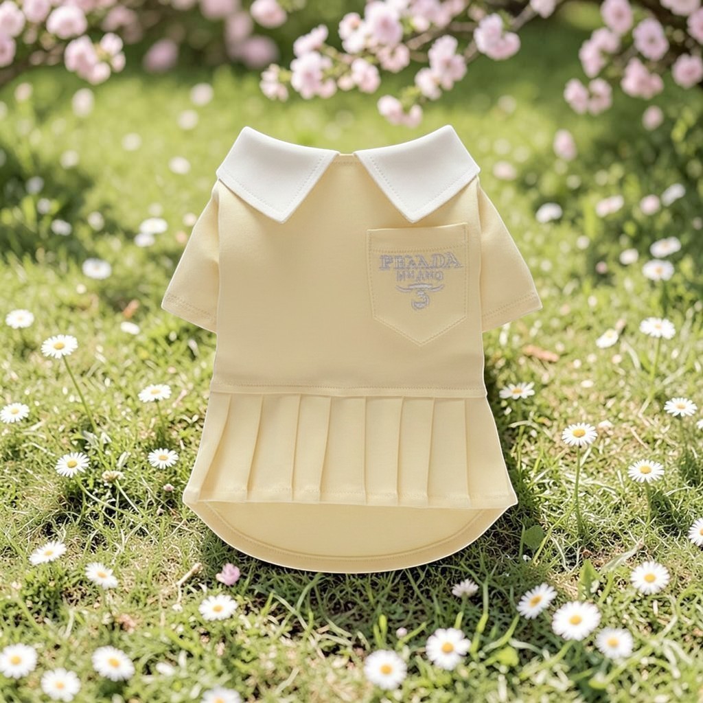 The Spoiled Pet Club yellow cotton dog dress with a white collar, pleated skirt, and chest pocket in a garden.