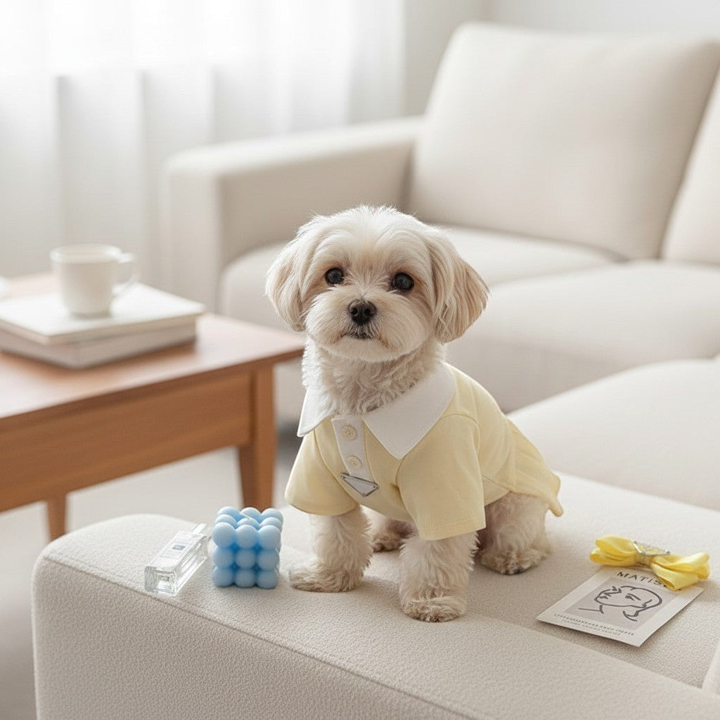 The Spoiled Pet Club yellow cotton dog dress with a white polo collar and button placket on a small white dog.