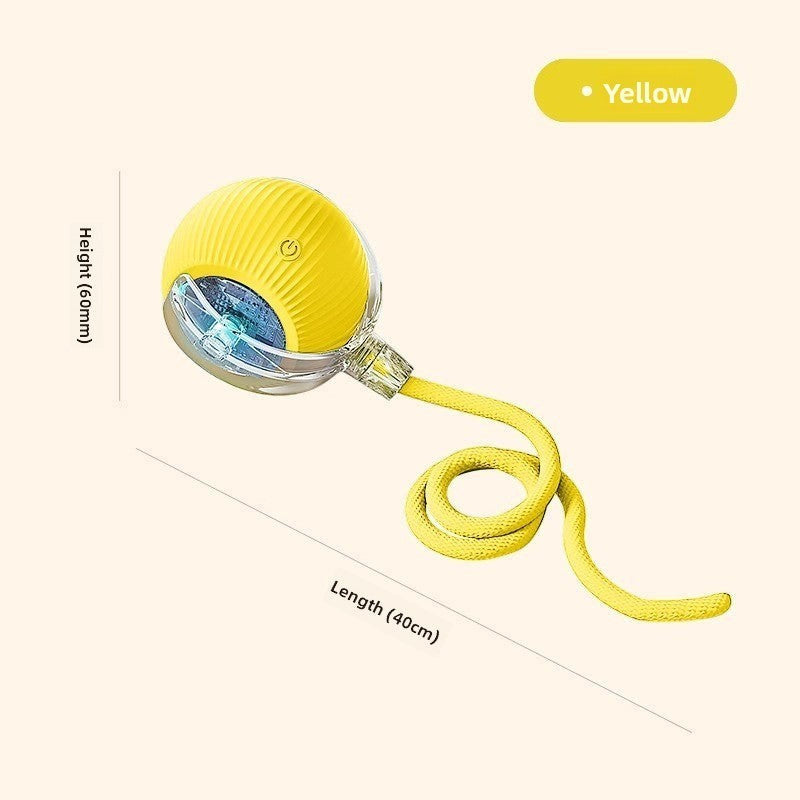 The Spoiled Pet Club yellow interactive rolling dog toy ball with a long tail and USB rechargeable design.