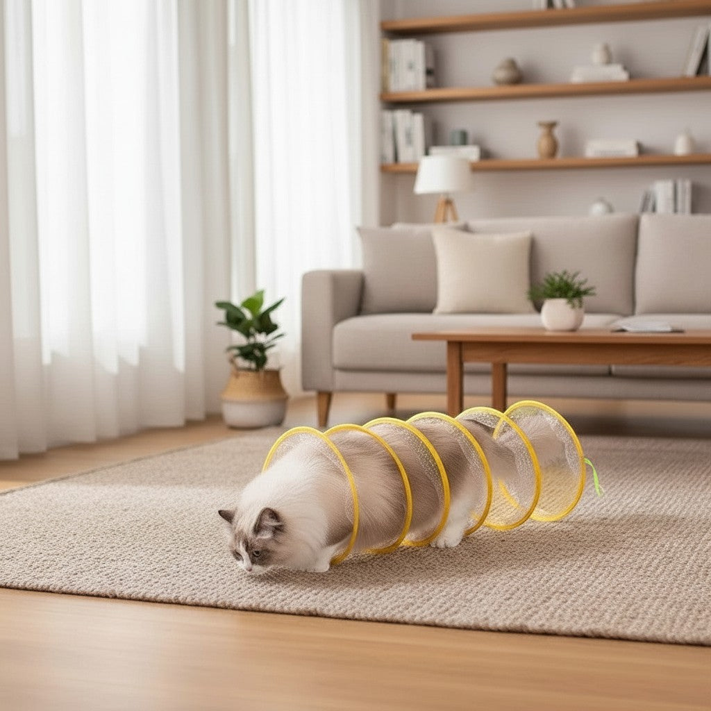 The Spoiled Pet Club collapsible yellow mesh cat tunnel with a fluffy cat crawling through it on a living room rug.