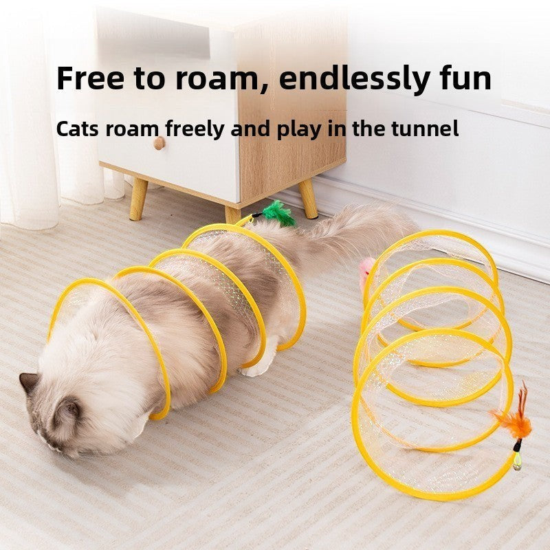 The Spoiled Pet Club yellow mesh cat tunnel with teaser toy for active play and feline entertainment