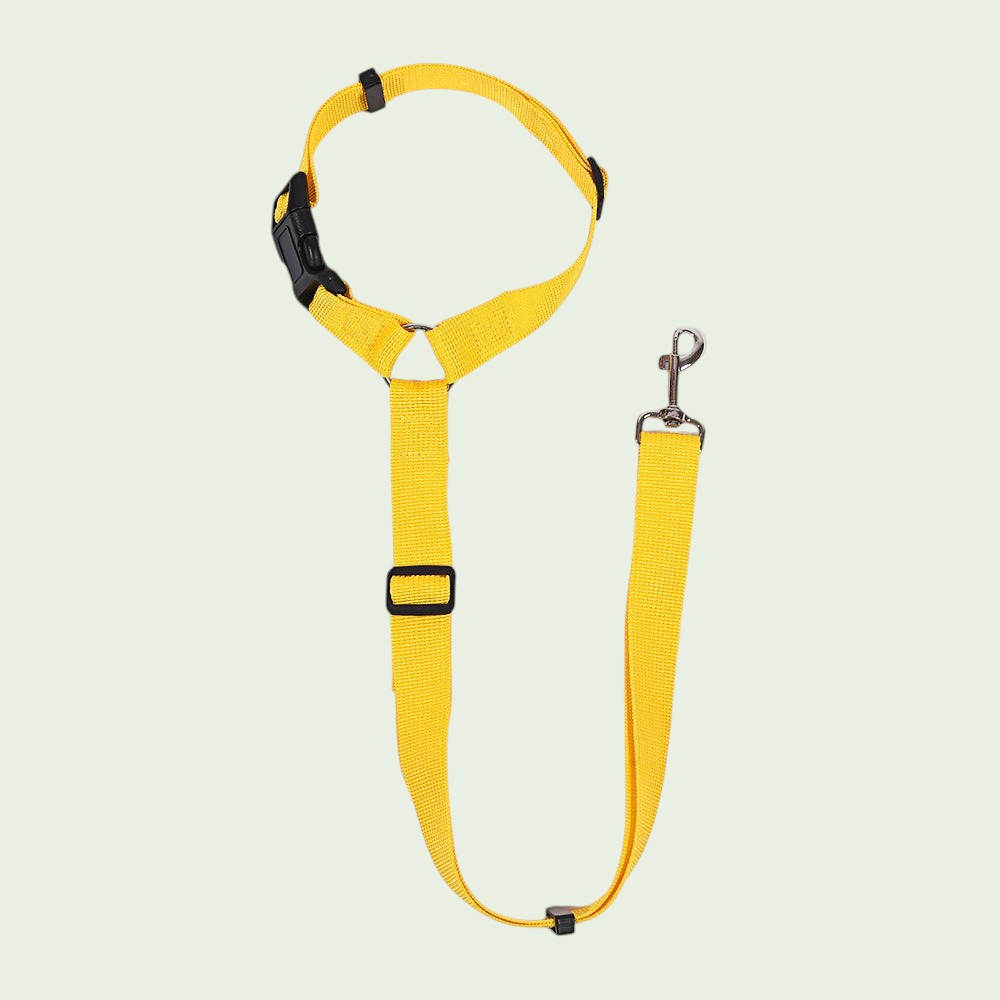 The Spoiled Pet Club yellow nylon dog seat belt with adjustable strap and heavy-duty metal swivel clip.