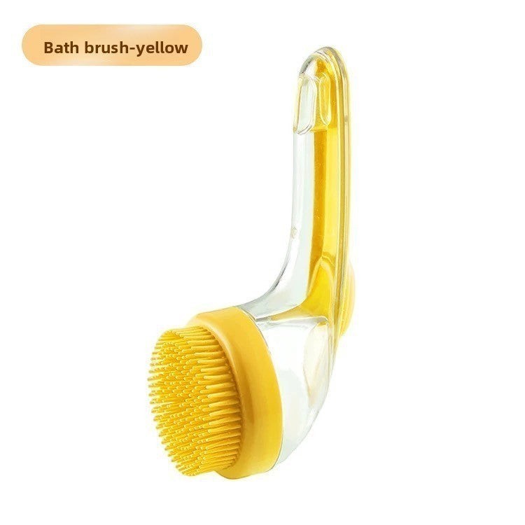 The Spoiled Pet Club yellow silicone pet grooming bath brush with built-in soap dispenser.